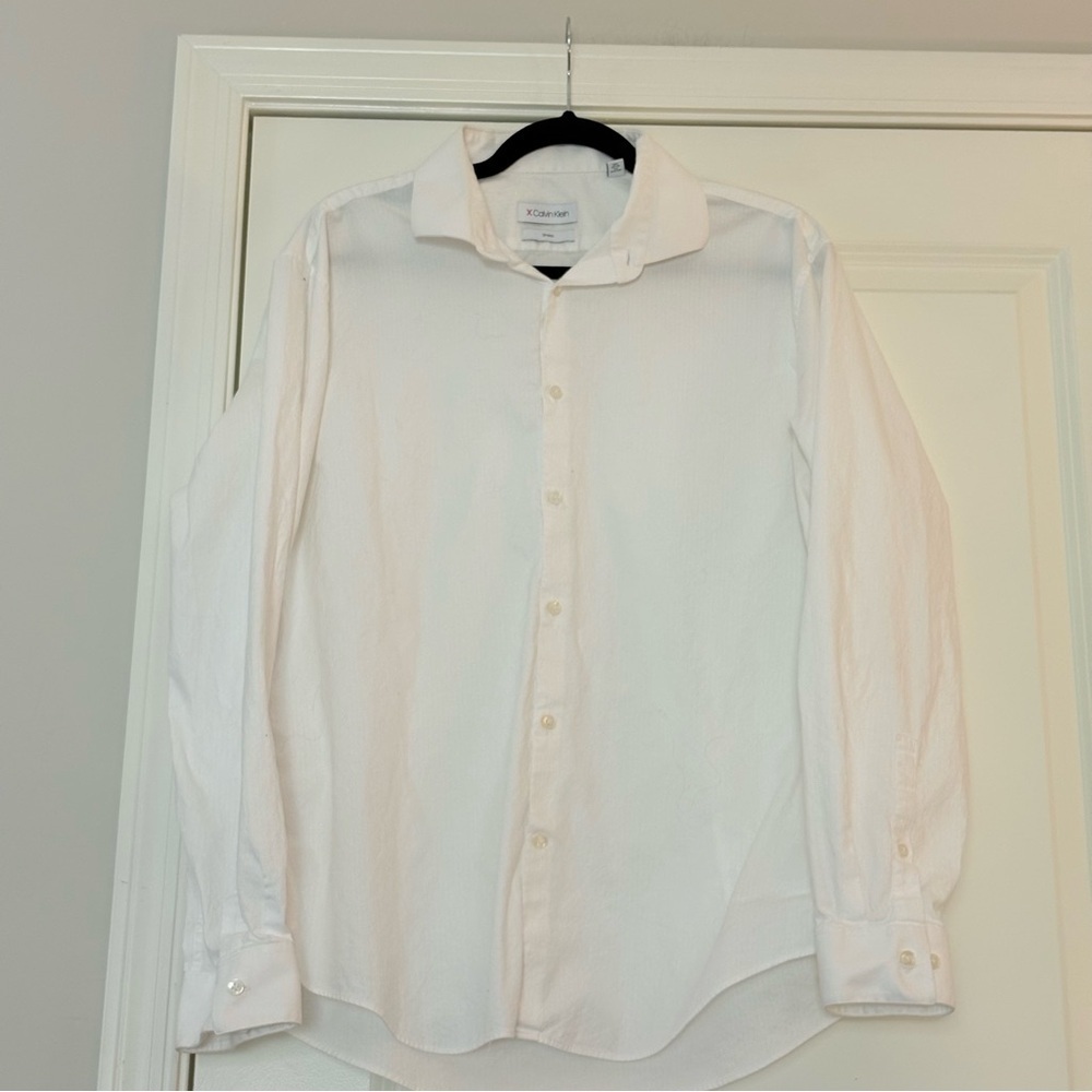 Calvin Klein Men’s White Refined Cotton Stretch Slim Fit Dress Shirt - Picture 14 of 14